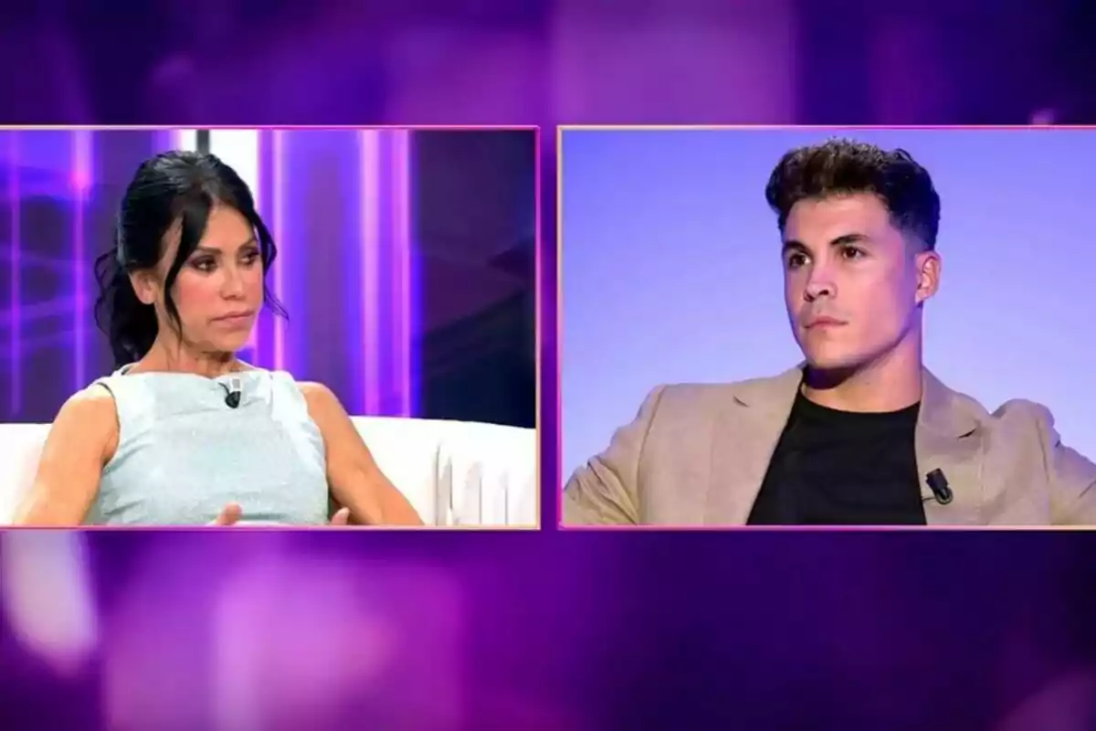 Dos personas están sentadas en un plató de televisión con un fondo púrpura, Maite Galdeano a la izquierda y Kiko Jiménez a la derecha, ambos con expresiones serias. Dos personas están sentadas en un plató de televisión con un fondo púrpura, Maite Galdeano a la izquierda y Kiko Jiménez a la derecha, ambos con expresiones serias.