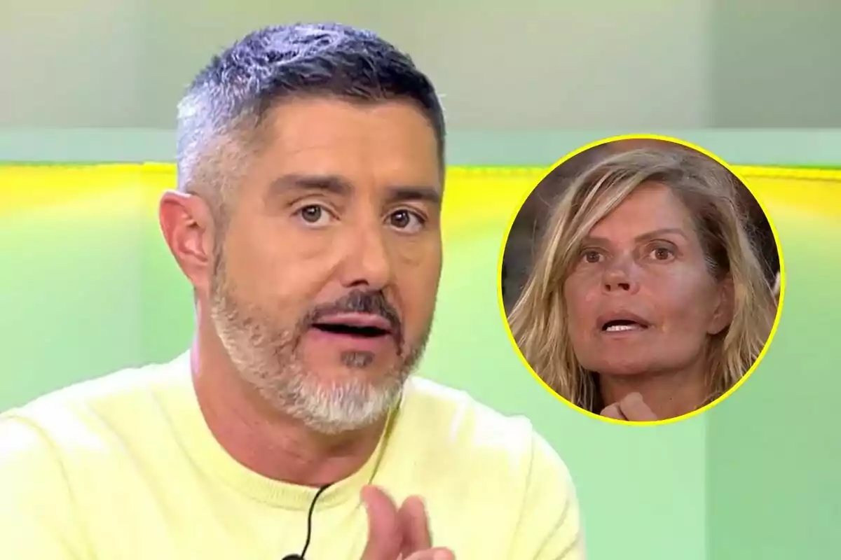 Pepe del Real con barba y cabello corto habla en Vamos a ver mientras una imagen circular de Makoke rubia en Supervivientes aparece en la esquina superior derecha sobre un fondo verde y amarillo.