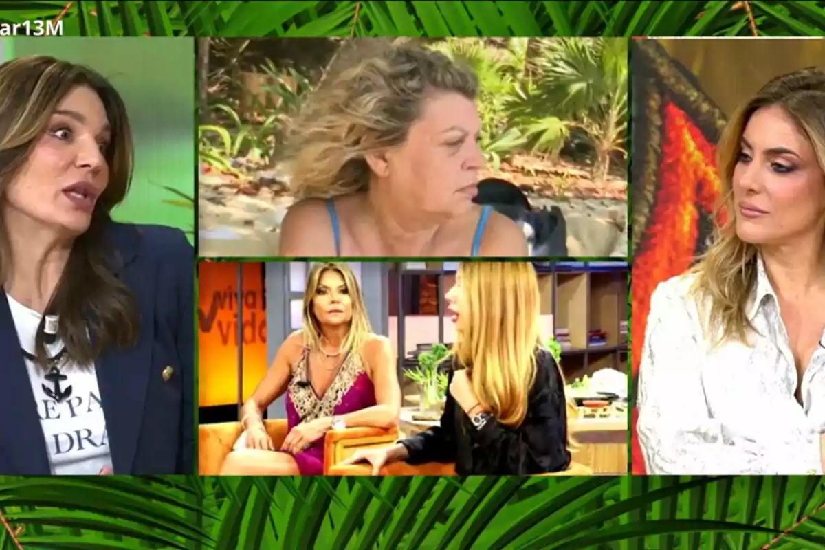 Un collage de imágenes muestra a varias mujeres en diferentes situaciones, Terelu Campos y Makoke en Supervivientes y Raquel Bollo y Verónica Dulanto en Tardear, con un fondo de hojas verdes. Un collage de imágenes muestra a varias mujeres en diferentes situaciones, Terelu Campos y Makoke en Supervivientes y Raquel Bollo y Verónica Dulanto en Tardear, con un fondo de hojas verdes.