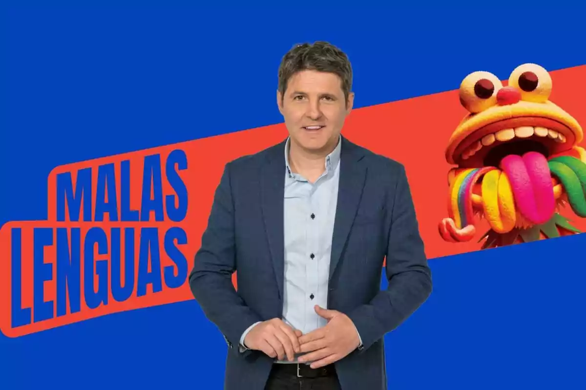 Jesús Cintora con traje azul junto a un personaje colorido con varias lenguas y el texto 