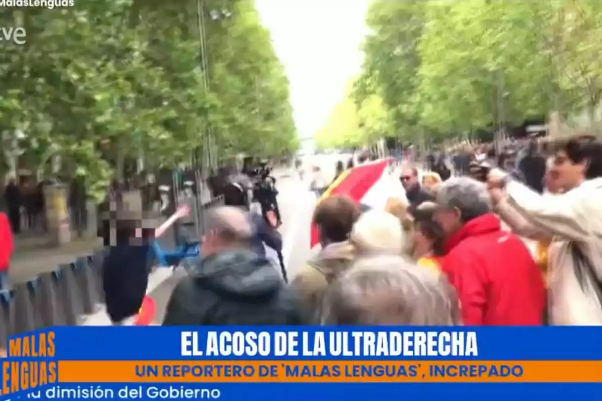 Una multitud es reuneix en un carrer arbrat mentre un reporter de 