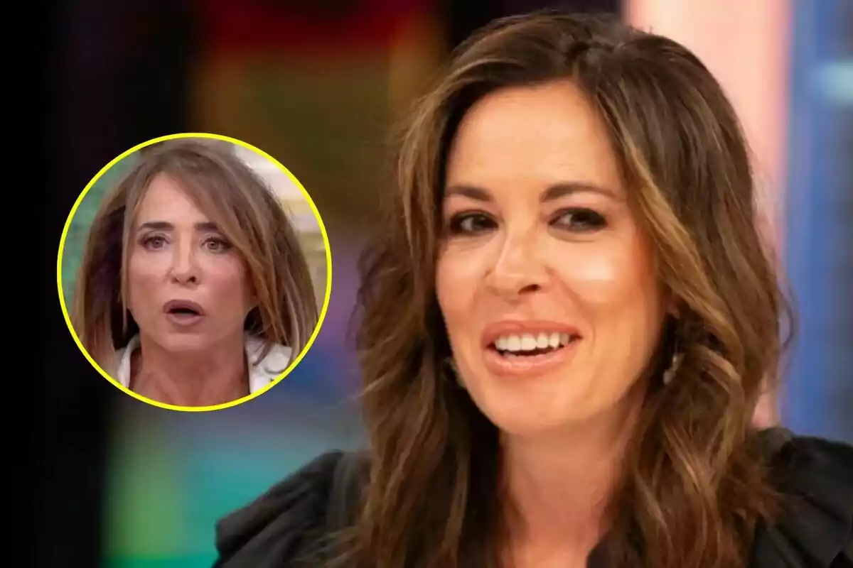 Dos mujeres aparecen en la imagen, Mamen Mendizábal en primer plano sonriendo y María Patiño en un recuadro circular en La Familia de la Tele con expresión de sorpresa.