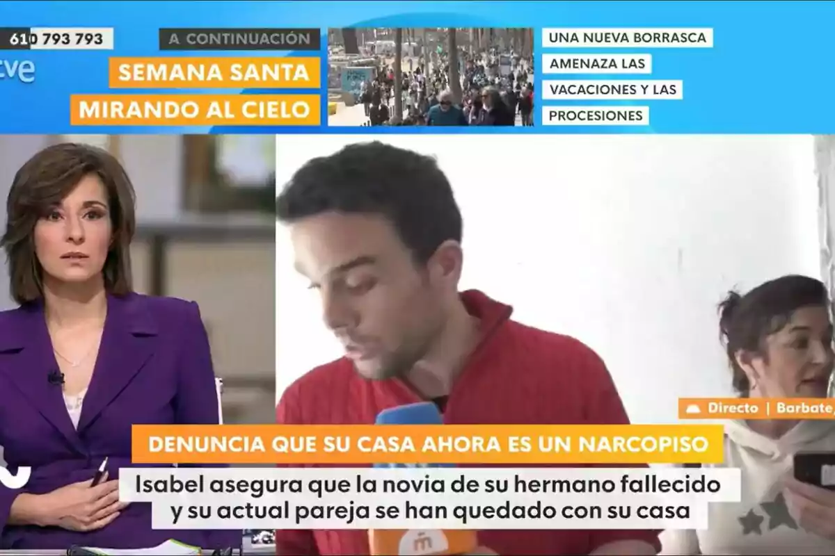 Adela González está en pantalla junto a un reportero que sostiene un micrófono, mientras una mujer está a su lado; el texto en la imagen menciona una denuncia sobre una casa convertida en "narcopiso" y se habla de una nueva borrasca que amenaza las vacaciones y procesiones de Semana Santa.