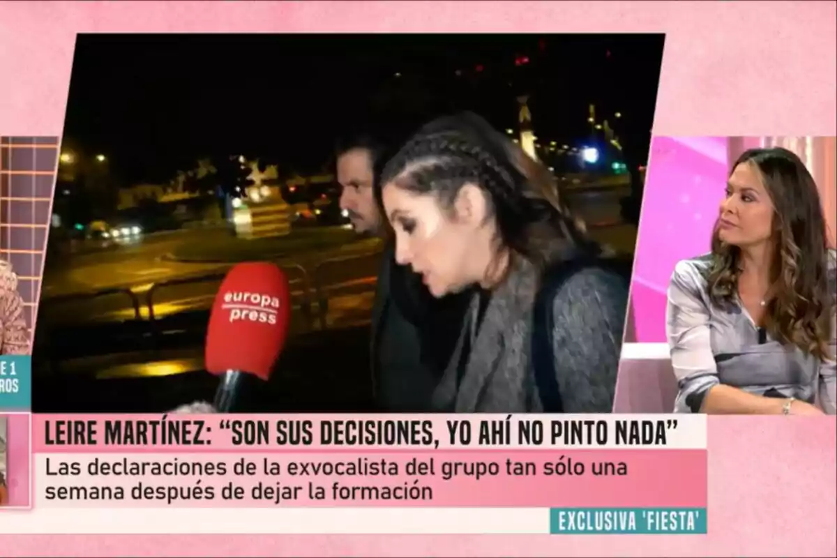 Leire Martínez és entrevistada per un mitjà de comunicació mentre Mar Montoro observa des del plató de Festa. Leire Martínez és entrevistada per un mitjà de comunicació mentre Mar Montoro observa des del plató de Festa.