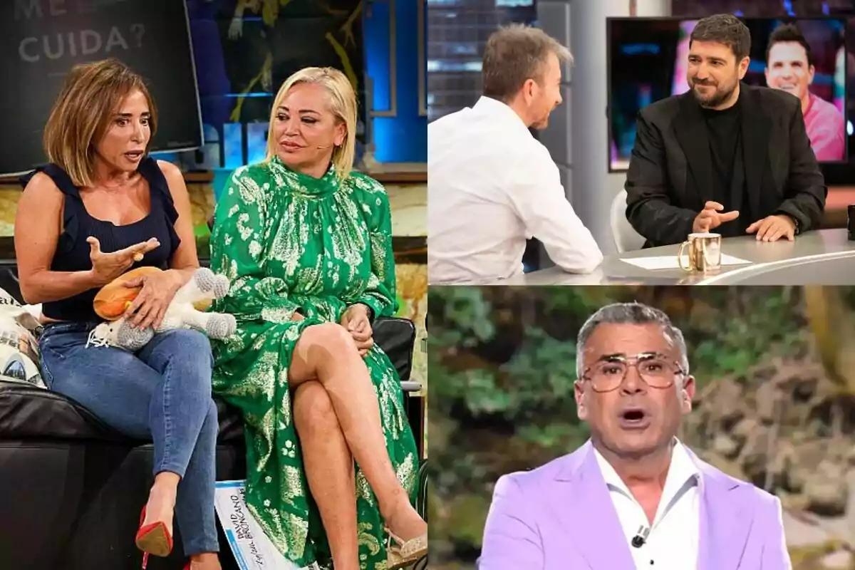 Tres imágenes de programas de televisión con diferentes presentadores y entrevistados: Belén Esteban y María Patiño en La Revuelta, Antonio Orozco con Pablo Motos en El Hormiguero y Jorge Javier Vázquez en Supervivientes.