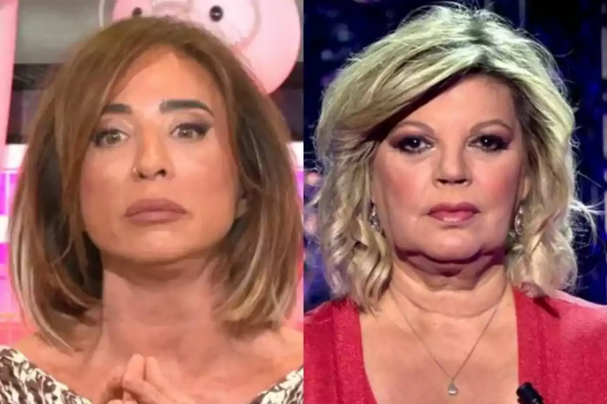 María Patiño en Ni que fuéramos y Terelu Campos en De Viernes posan en un montaje de fotos lado a lado, una con cabello castaño y la otra rubio.