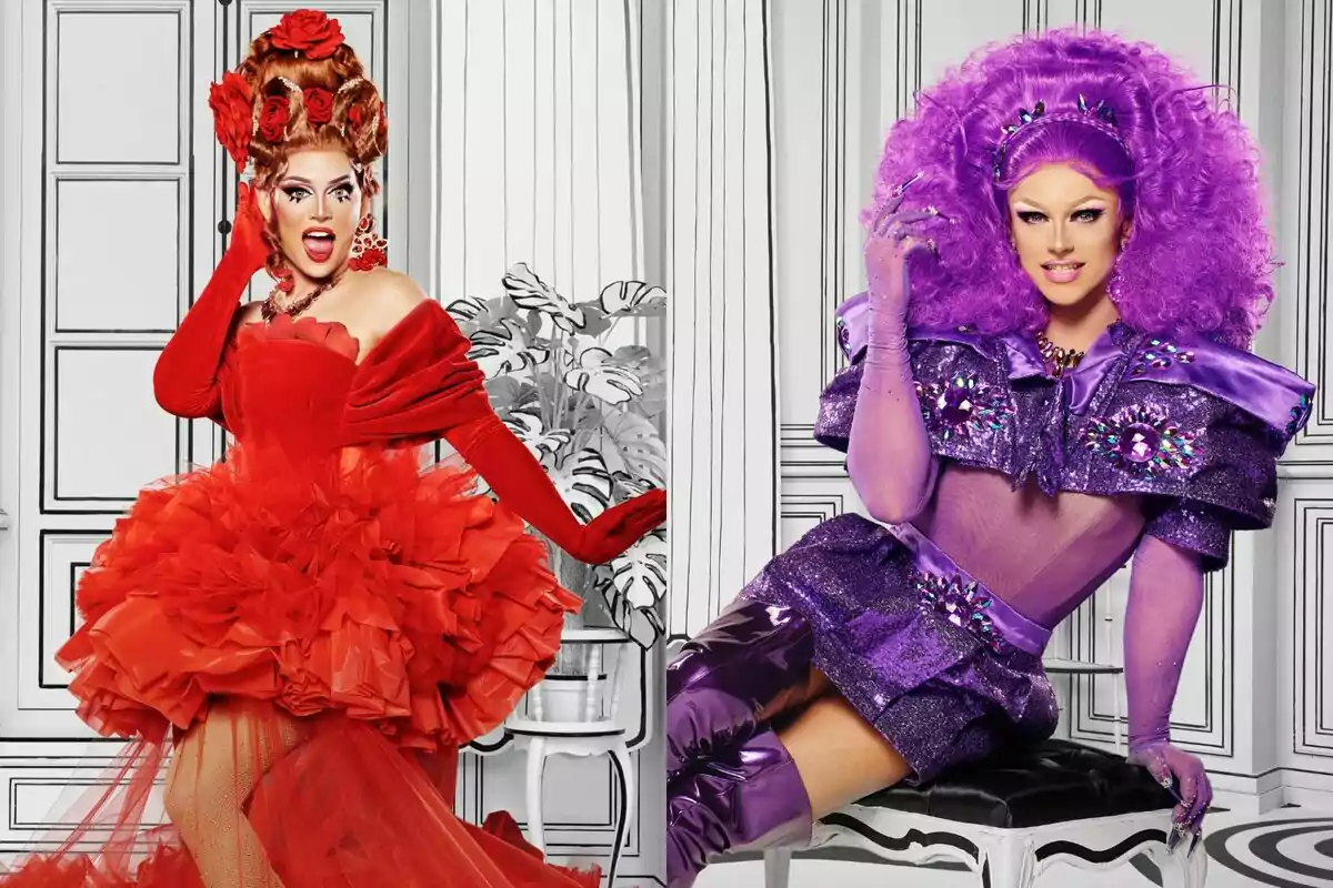 Mariana Stars i Megui Yeillow posant amb vestits extravagants, una amb un vestit vermell voluminós i guants llargs a joc, i l'altra amb un conjunt morat brillant i una perruca arrissada del mateix color a Drag Race España.