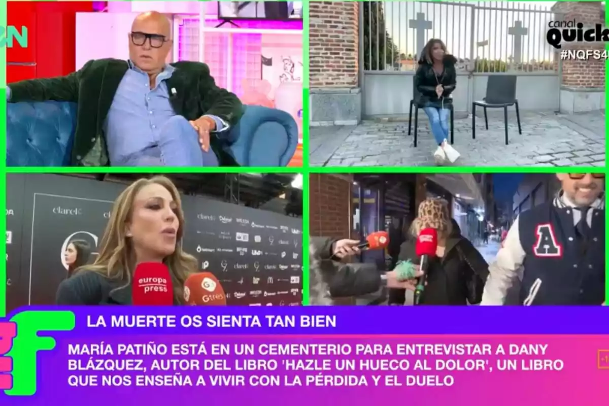 Un collage d'imatges mostra a María Patiño, Kiko Matamoros i Bea Archidona en diferents situacions, incloent-hi una entrevista en un cementiri i una persona asseguda en un sofà, amb un text a la part inferior que menciona una entrevista sobre un llibre relacionat amb la pèrdua i el dol.