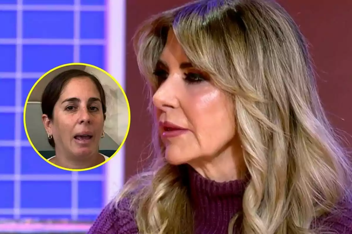 Marisa Martín Blázquez de perfil amb cabell ros i solt a Tardear apareix en primer pla mentre a la cantonada superior esquerra es mostra un requadre amb la imatge d'Anabel Pantoja de cabell fosc i recollit.