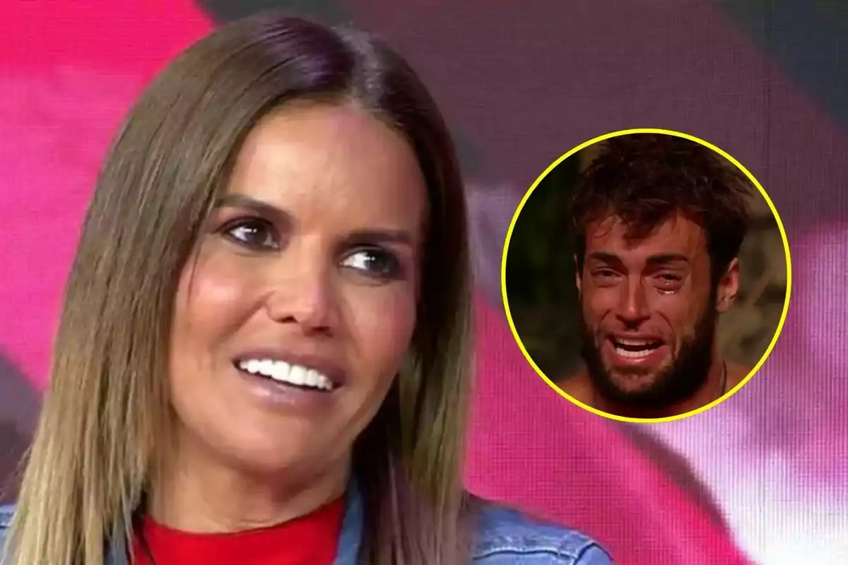 Marta López sonriente en Tardear con un recuadro que muestra a Montoya llorando en Supervivientes.
