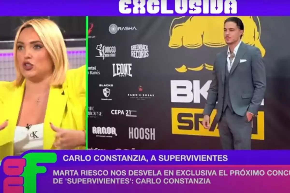 Marta Riesco parlant en un programa de televisió amb un fons dividit que mostra Carlo Costanzia posant en un esdeveniment amb un cartell de marques darrere.