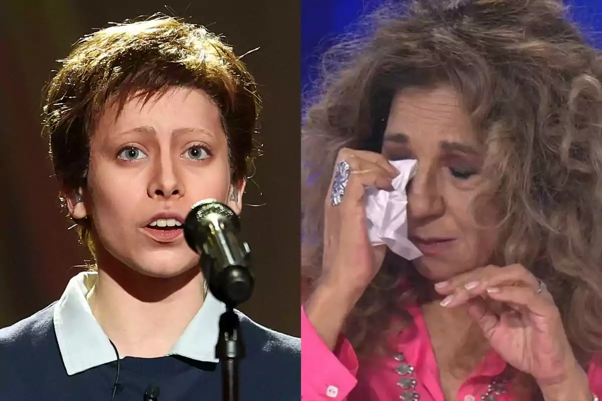 Dos mujeres en Tu Cara Me Suena, Melani cantando frente a un micrófono y Lolita secándose las lágrimas con un pañuelo