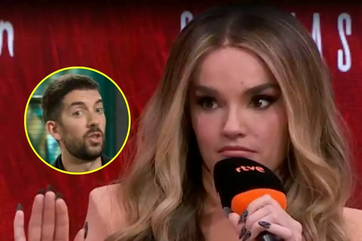 Melody con expresión seria en Eurovisión sostiene un micrófono de RTVE mientras en la esquina aparece el rostro de David Broncano en La Revuelta dentro de un círculo amarillo