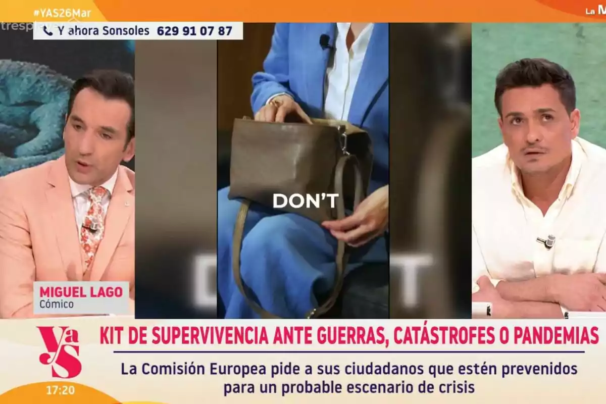 En la imagen se observa a Y ahora Sonsoles con Miguel Lago y Nacho Gay y un segmento central que muestra una persona con un bolso y la palabra En la imagen se observa a Y ahora Sonsoles con Miguel Lago y Nacho Gay y un segmento central que muestra una persona con un bolso y la palabra