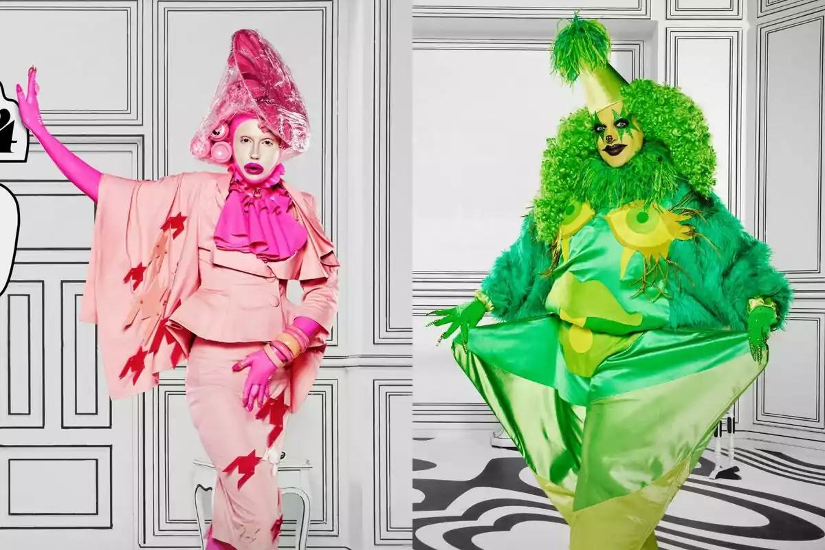 Miss Khristo i Porca Theclubkid posant amb vestits extravagants, una amb un vestit rosa i l'altra amb un vestit verd a Drag Race España.