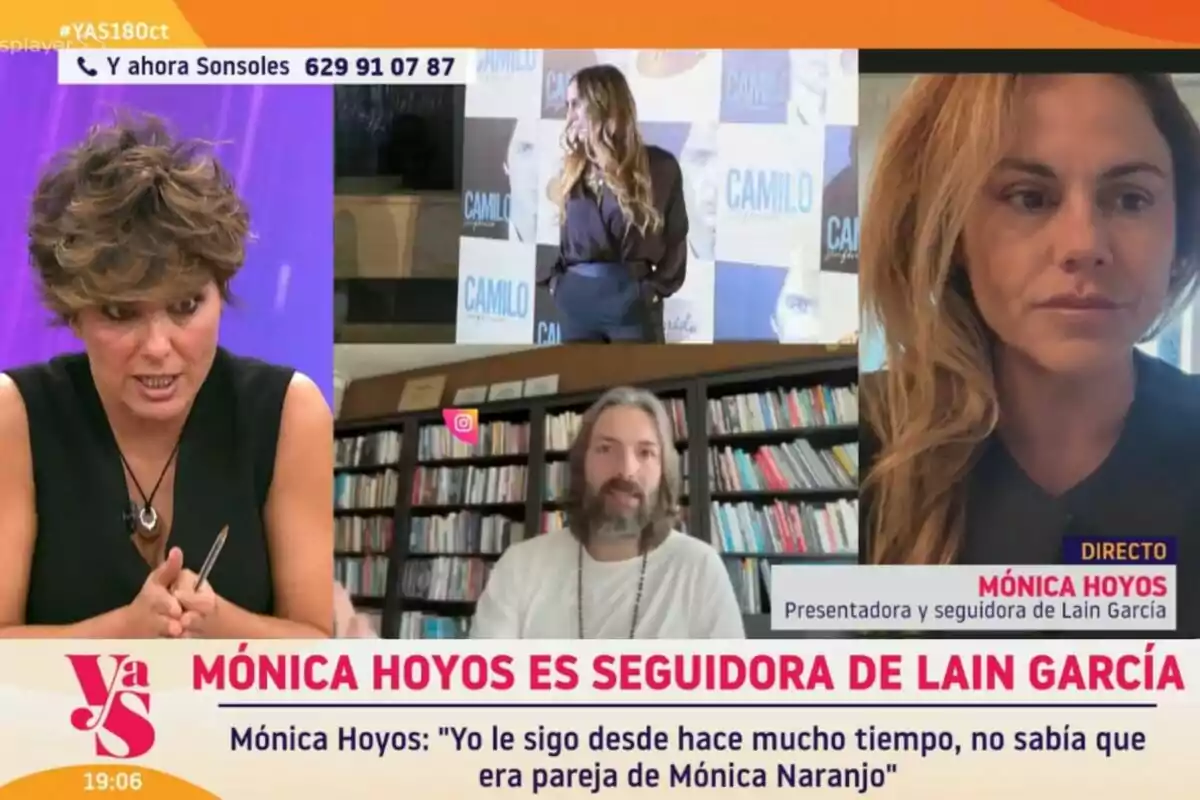 En Y ahora Sonsoles Ónega, se discute sobre Mónica Hoyos y su interés en Lain García, con varias imágenes de los participantes en pantalla. En Y ahora Sonsoles Ónega, se discute sobre Mónica Hoyos y su interés en Lain García, con varias imágenes de los participantes en pantalla.