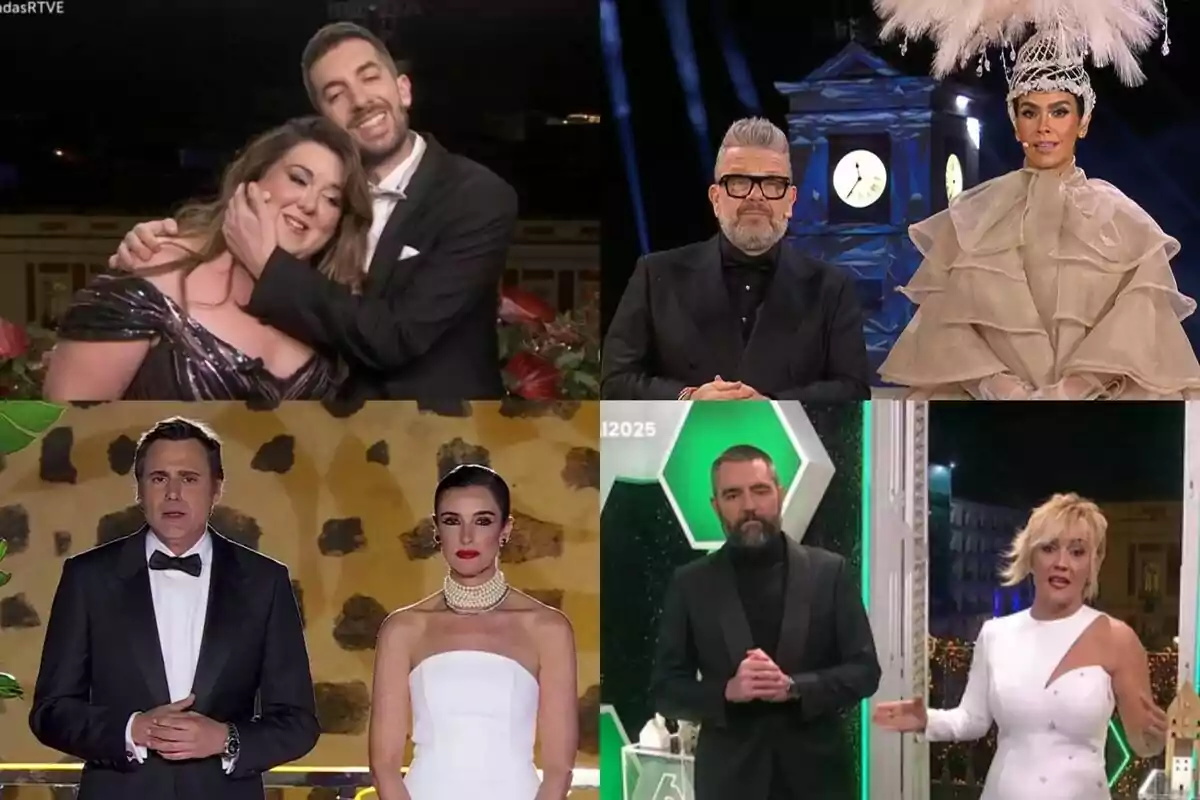 Collage amb els presentadors de les Campanades 2024-2025: David Broncano i Lalachus a La 1, Cristina Pedroche i Alberto Chicote a Antena 3, Ion Aramendi i Blanca Romero a Telecinco i Cristina Pardo i Dani Mateo a laSexta. Collage amb els presentadors de les Campanades 2024-2025: David Broncano i Lalachus a La 1, Cristina Pedroche i Alberto Chicote a Antena 3, Ion Aramendi i Blanca Romero a Telecinco i Cristina Pardo i Dani Mateo a laSexta.