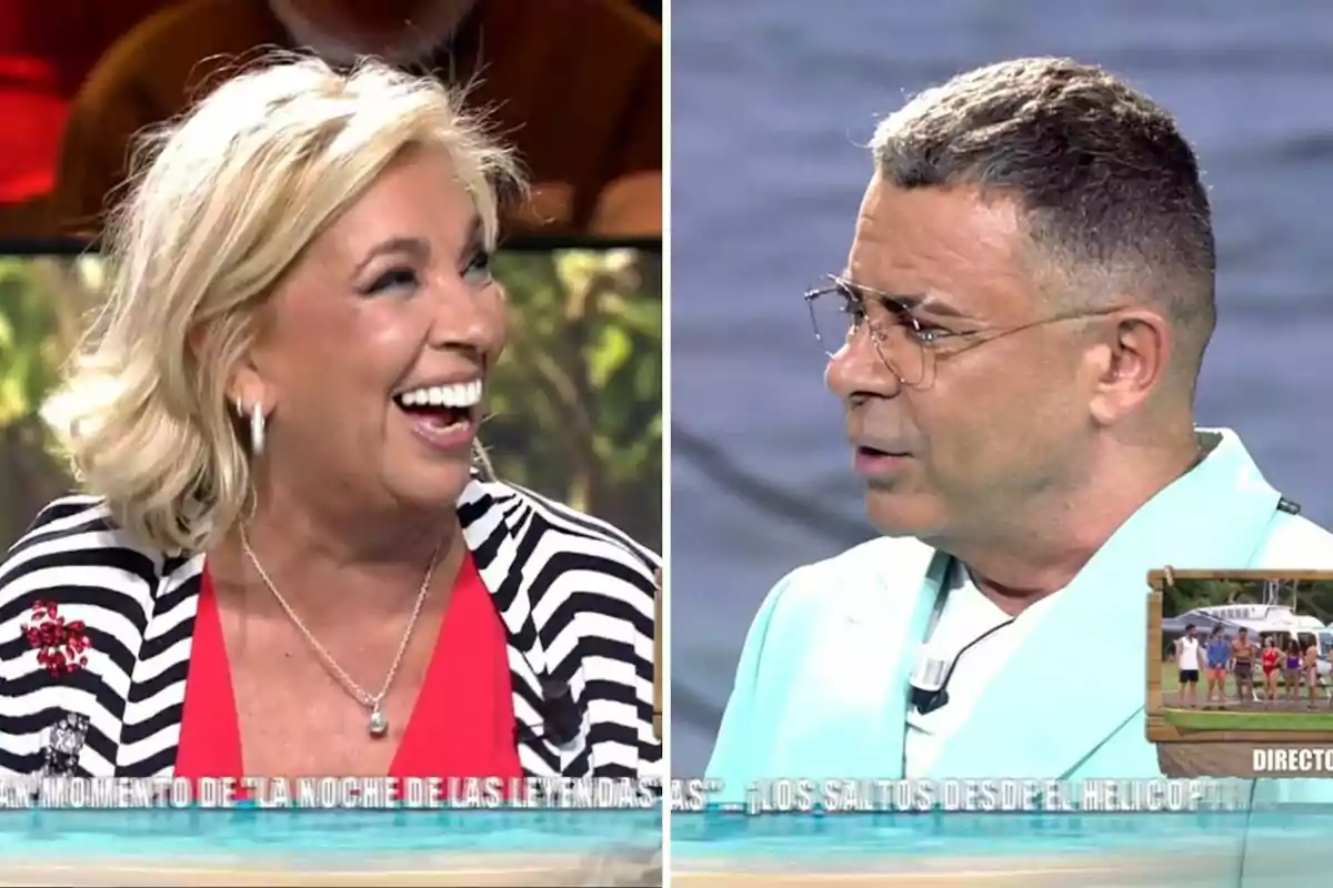 Carmen Borrego i Jorge Javier Vázquez conversant i somrient en un programa de televisió, amb una petita imatge a la cantonada inferior dreta mostrant un grup de persones a l'aire lliure. Carmen Borrego i Jorge Javier Vázquez conversant i somrient en un programa de televisió, amb una petita imatge a la cantonada inferior dreta mostrant un grup de persones a l'aire lliure.
