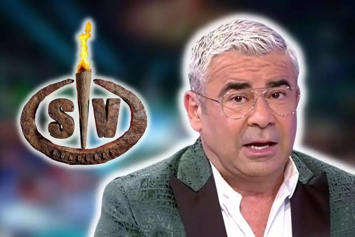 Muntatge de fotos de primer pla de Jorge Javier Vázquez amb rostre seriós i el logotip de 'Supervivientes 2023'