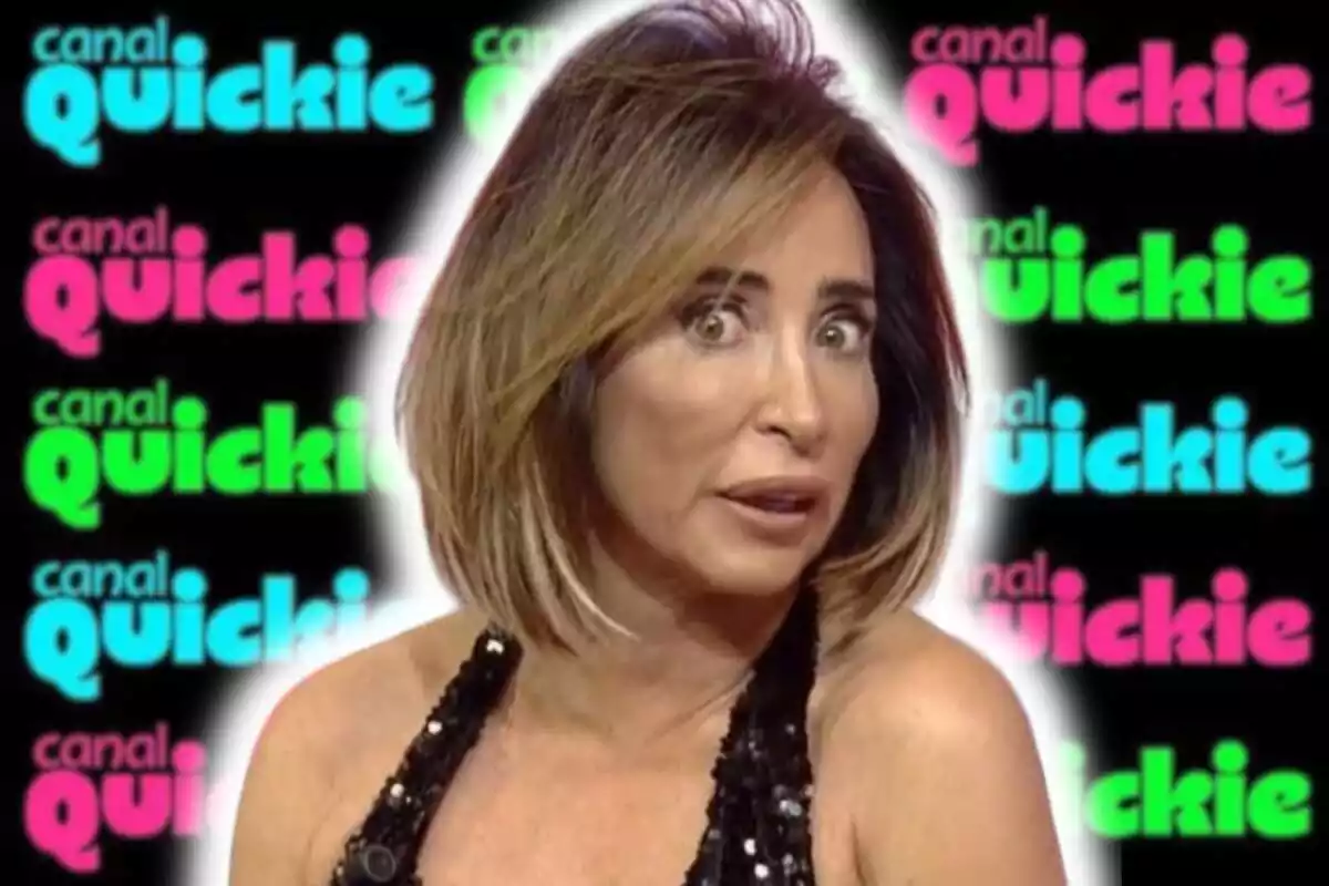 Montaje de fotos de primer plano de María Patiño con rostro serio y, de fondo, el logo del canal Quickie