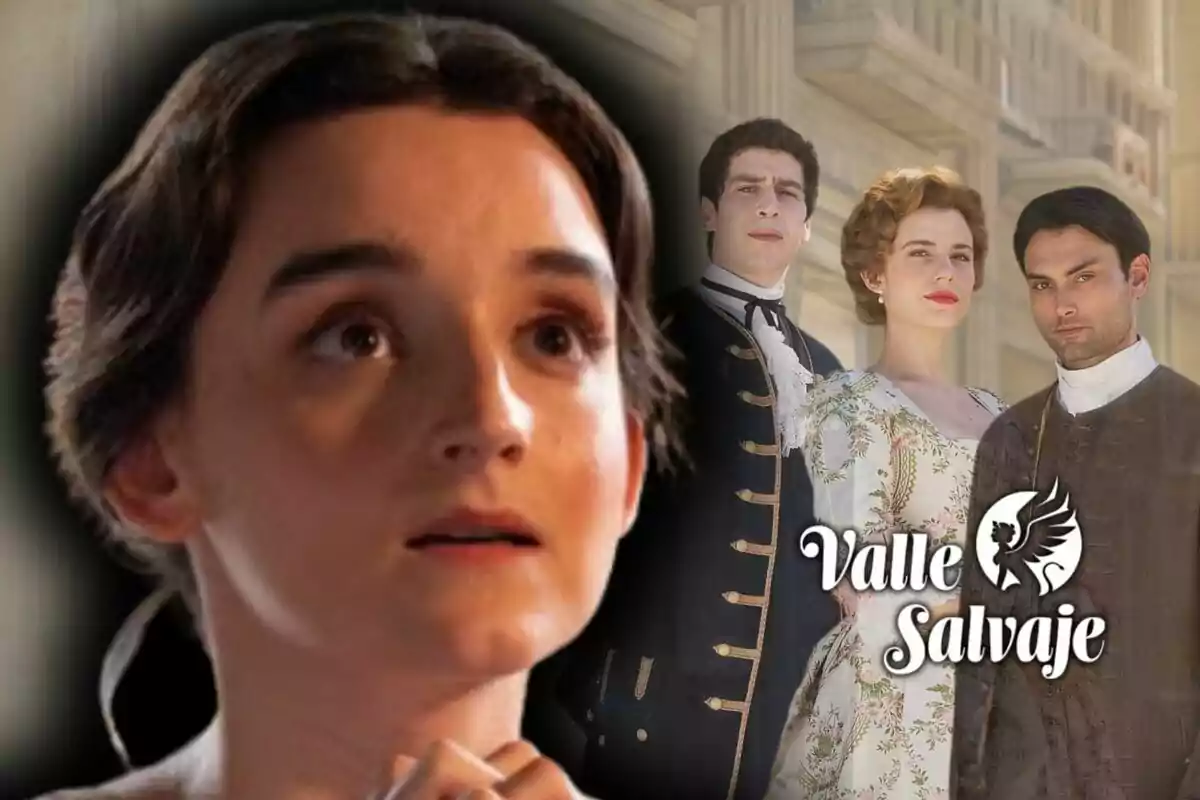 María Redondo amb expressió de sorpresa en primer pla i tres persones vestides amb roba d'època al fons al costat del text "Valle Salvaje".