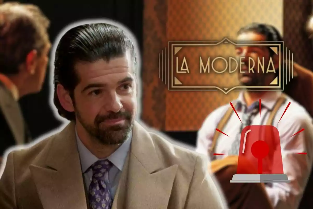 Miguel Ángel Muñoz con traje y corbata aparece en primer plano mientras que al fondo se ve un cartel que dice "La Moderna" y un ícono de alarma roja.