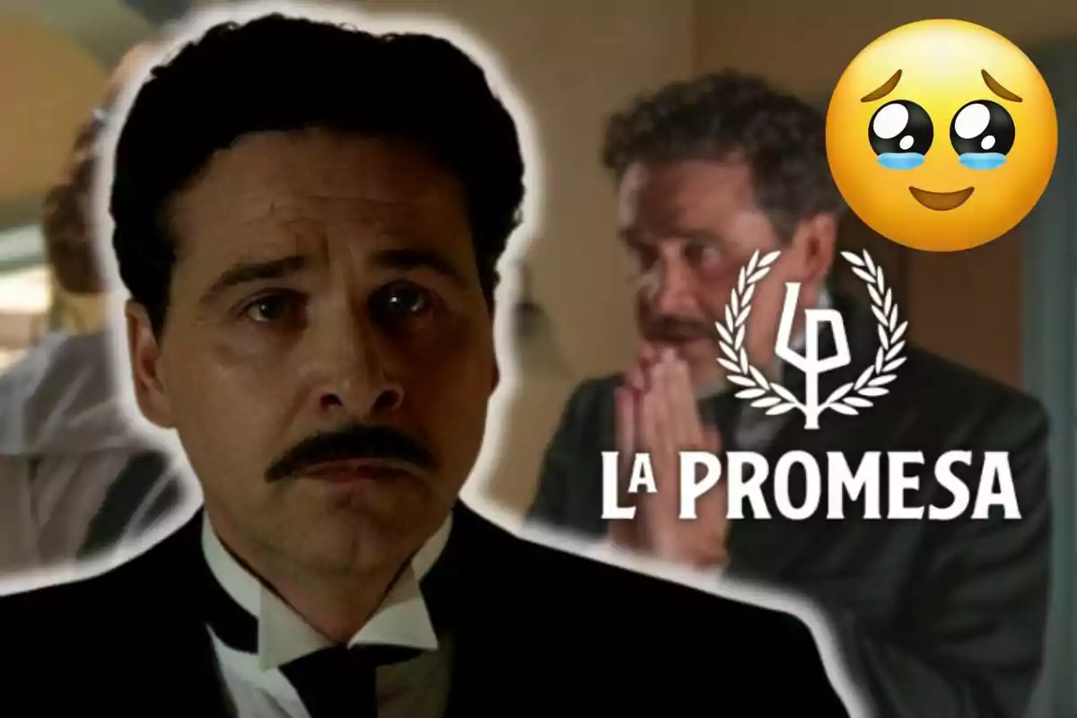 Carlos d'Àustria amb bigoti i expressió seriosa en primer pla, un altre home al fons amb les mans juntes, el text "La Promesa" i un emoji plorant.