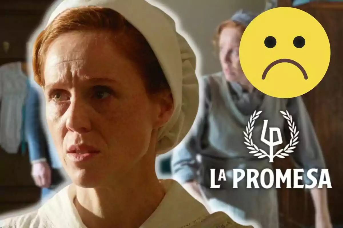 María Castro con expresión seria lleva un gorro blanco, al fondo hay otra figura borrosa y un emoticono triste amarillo, junto al texto "La Promesa".