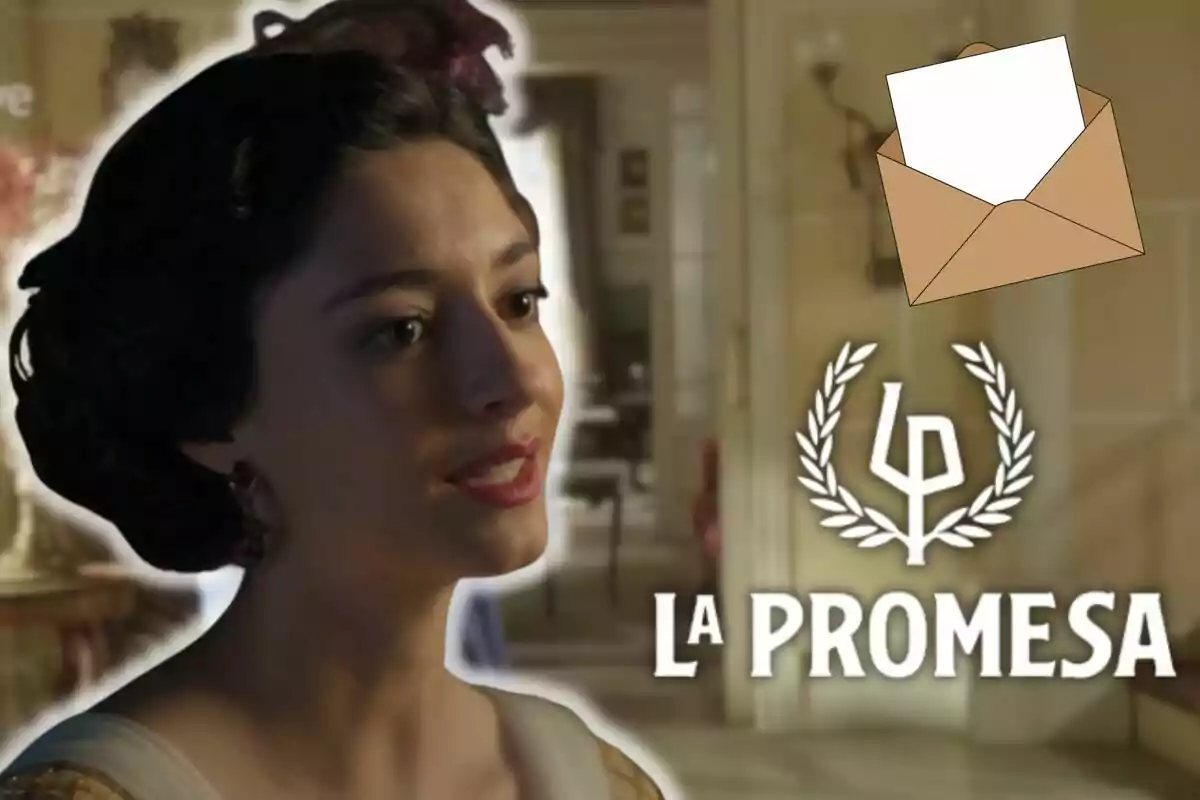 Marta Costa con peinado elegante aparece en una escena de interior junto al texto "La Promesa" y un sobre ilustrado.