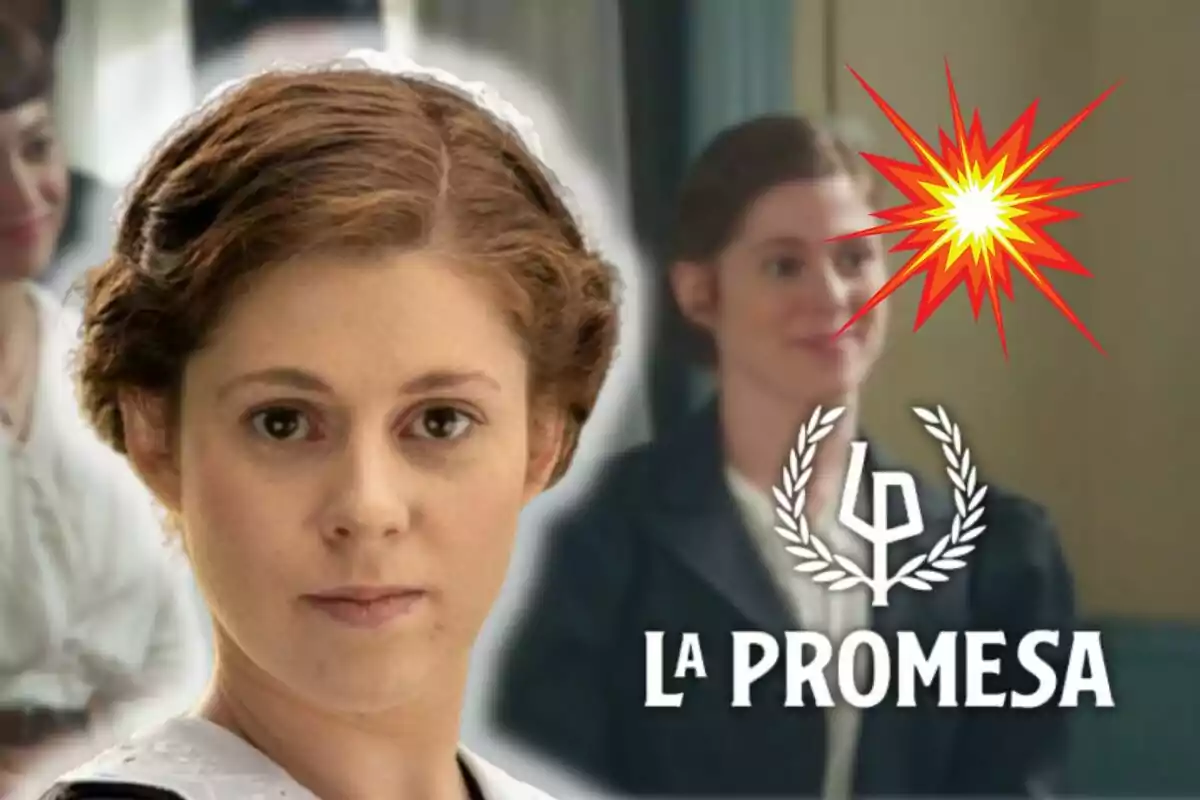 Sara Molina amb expressió seriosa en primer pla i un fons borrós amb el text "La Promesa" i un símbol de llorer.