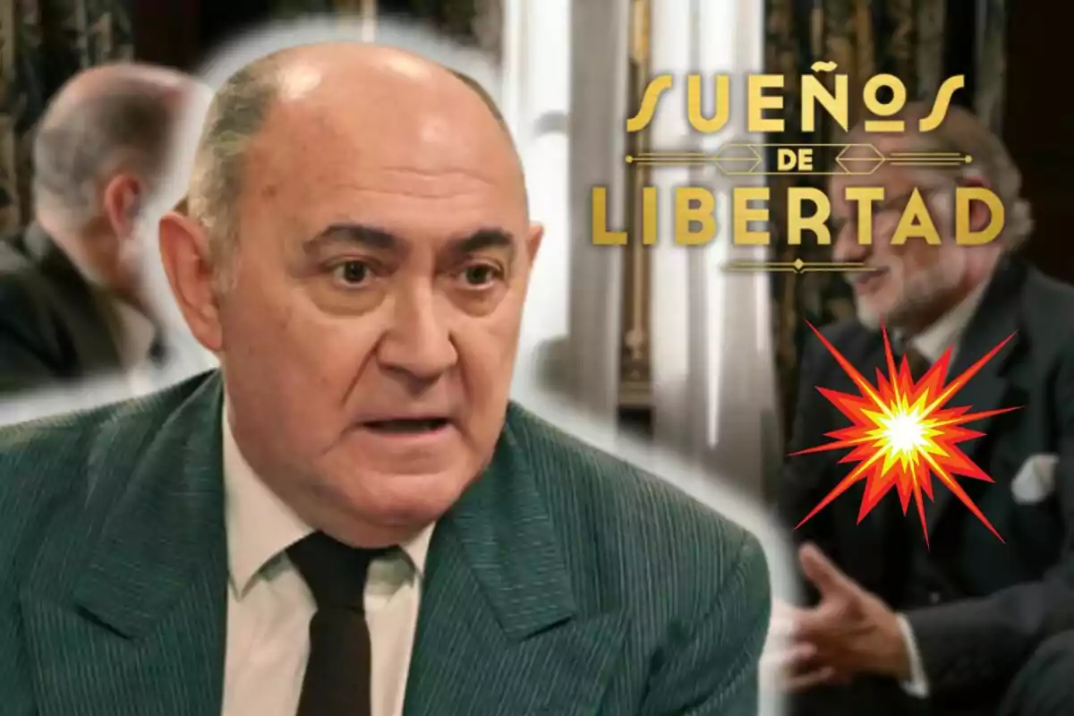 Arturo Querejeta con traje verde y corbata negra aparece en primer plano, con el texto "Sueños de Libertad" en el fondo y un efecto de explosión en la esquina inferior derecha.