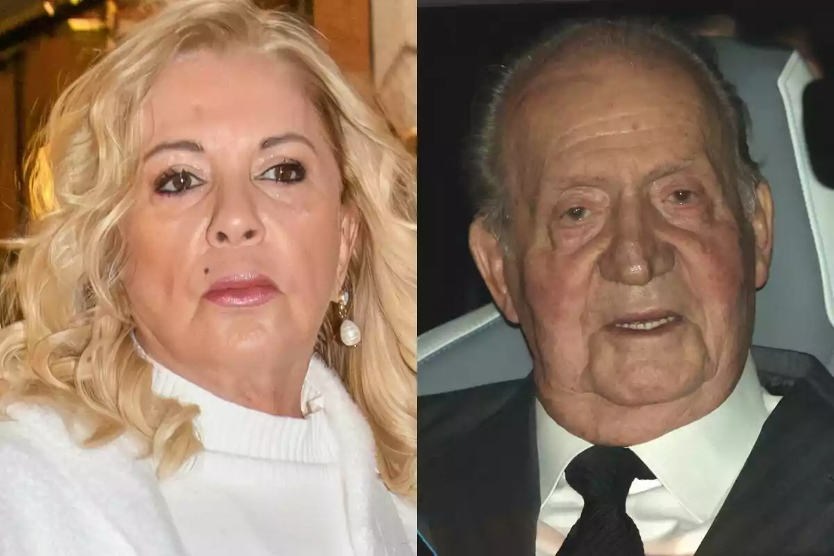 Montaje de fotos de Bárbara Rey y el rey Juan Carlos I en primer plano con el rostro serio. Montaje de fotos de Bárbara Rey y el rey Juan Carlos I en primer plano con el rostro serio.