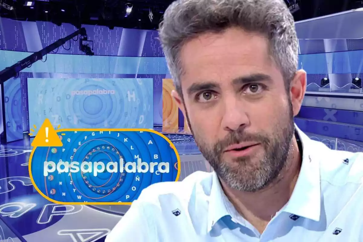 Montaje de fotos de Roberto Leal en primer plano mirando a cámara junto al logo de 'Pasapalabra' y el plató del programa
