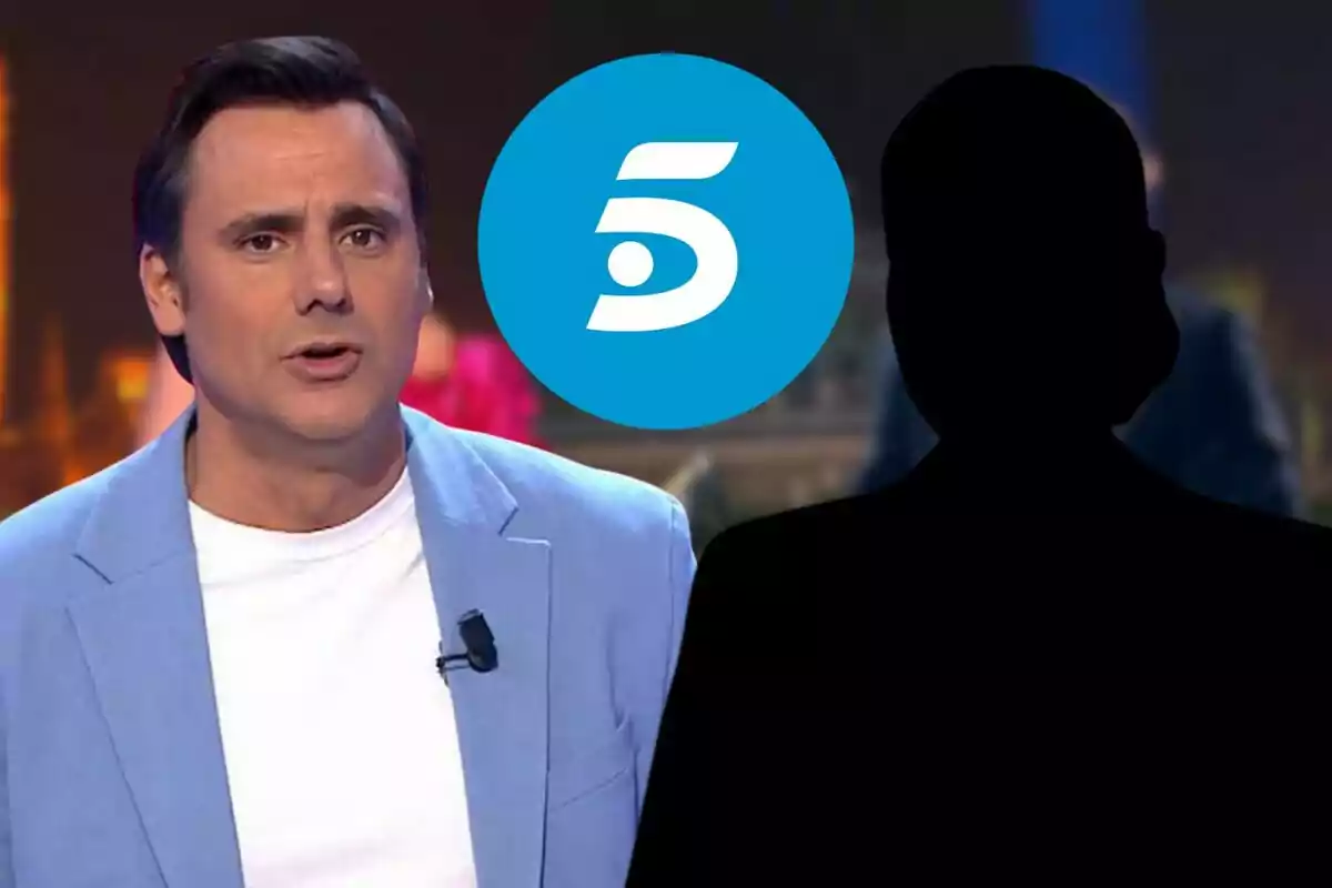 Ion Aramendi con chaqueta azul y camiseta blanca aparece junto a un logotipo azul de Telecinco y la silueta de una persona en negro.
