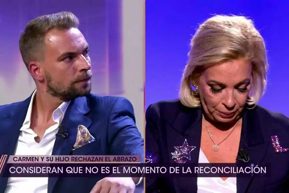 Carmen Borrego y José María Almoguera en De Viernes con un texto que indica que no es el momento de la reconciliación. Carmen Borrego y José María Almoguera en De Viernes con un texto que indica que no es el momento de la reconciliación.