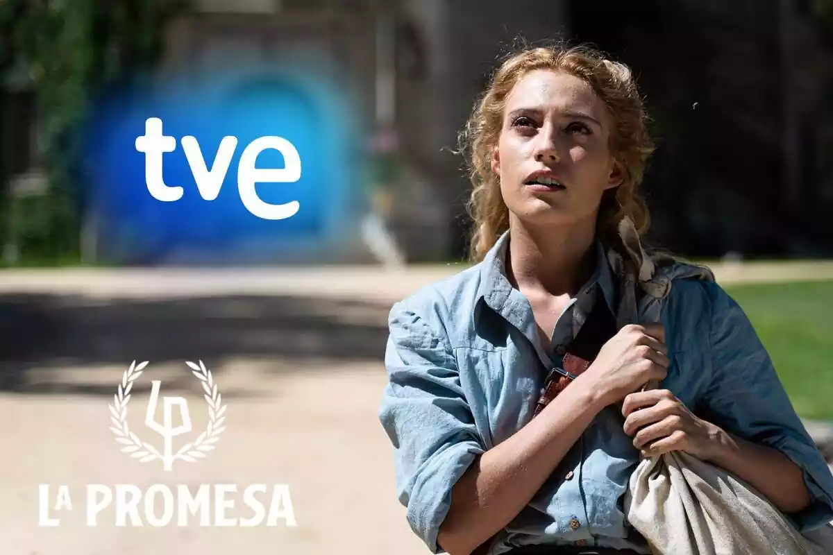 Montaje de 'La Promesa' con Jana mirando hacia arriba con una bolsa en el hombro, el logo de la serie y el de TVE