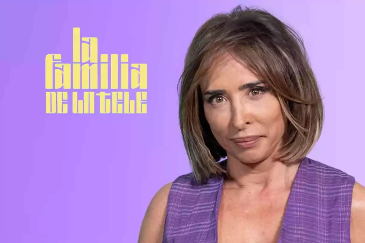 María Patiño amb armilla morada sobre fons lila i el text la família de la tele en lletres grogues a l’esquerra