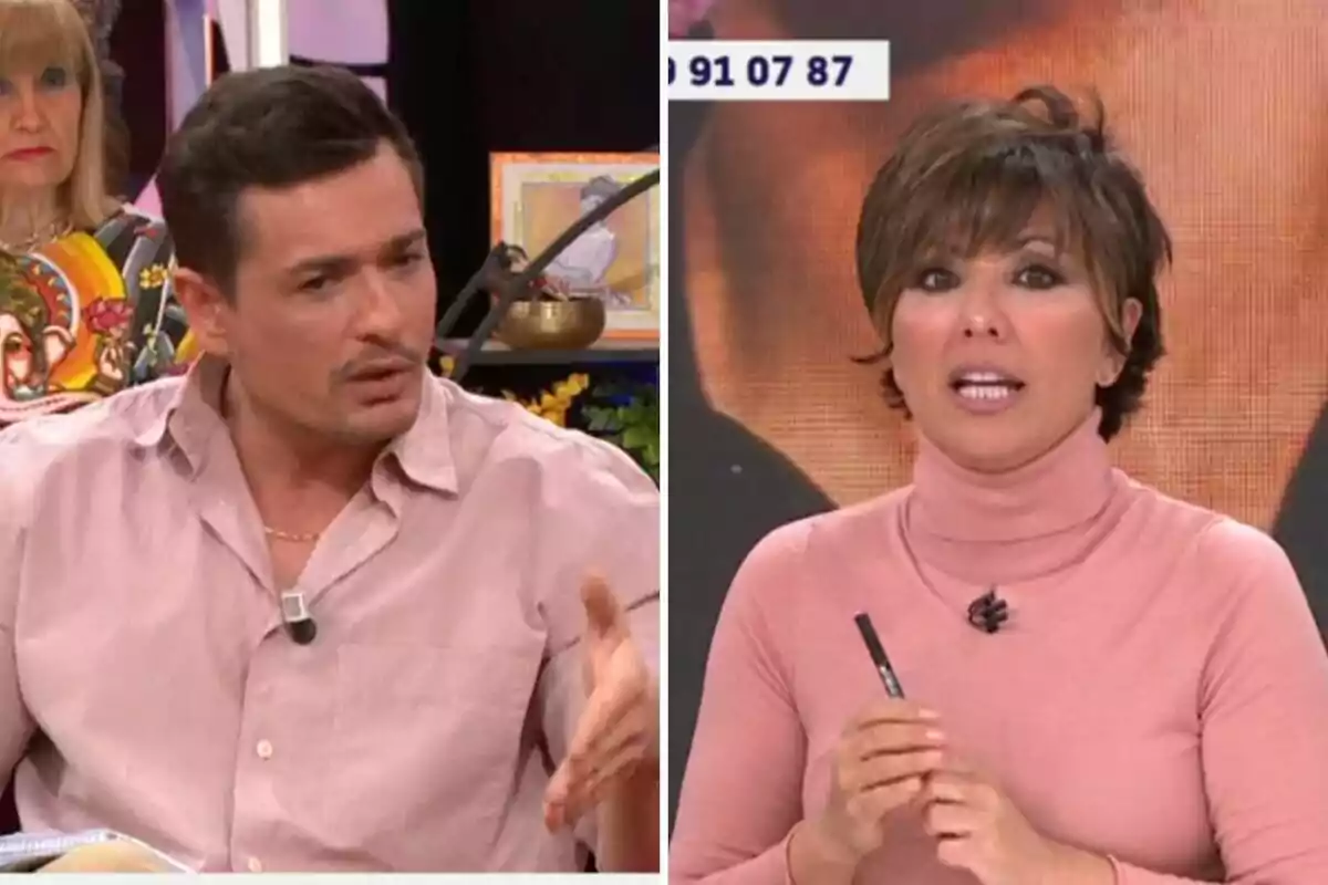 Nacho Gay y Sonsoles Ónega en un programa de televisión conversan mientras una mujer mayor observa desde el fondo. Nacho Gay y Sonsoles Ónega en un programa de televisión conversan mientras una mujer mayor observa desde el fondo.