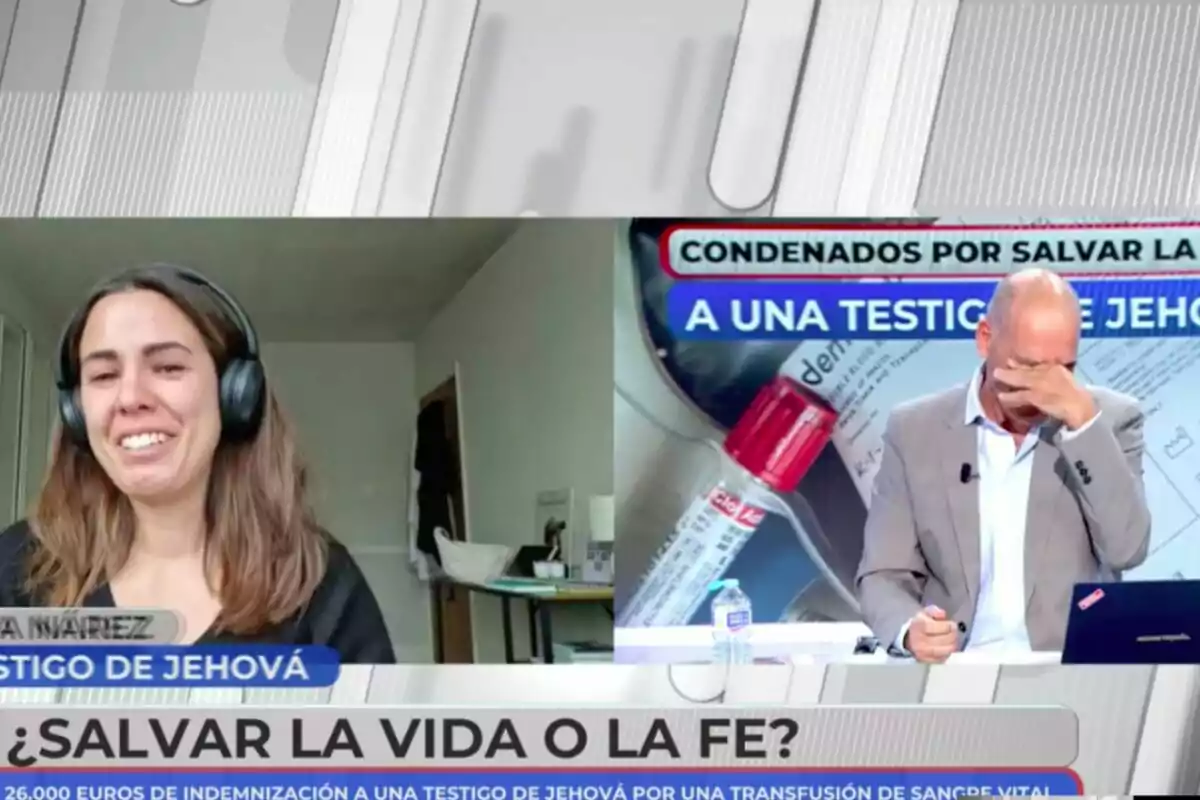 Una mujer con auriculares aparece en una videollamada en la parte izquierda de la imagen, mientras que en la parte derecha Nacho Abad se cubre el rostro con la mano en En Boca de Todos. El texto en la pantalla menciona un caso relacionado con una testigo de Jehová y una transfusión de sangre. Una mujer con auriculares aparece en una videollamada en la parte izquierda de la imagen, mientras que en la parte derecha Nacho Abad se cubre el rostro con la mano en En Boca de Todos. El texto en la pantalla menciona un caso relacionado con una testigo de Jehová y una transfusión de sangre.