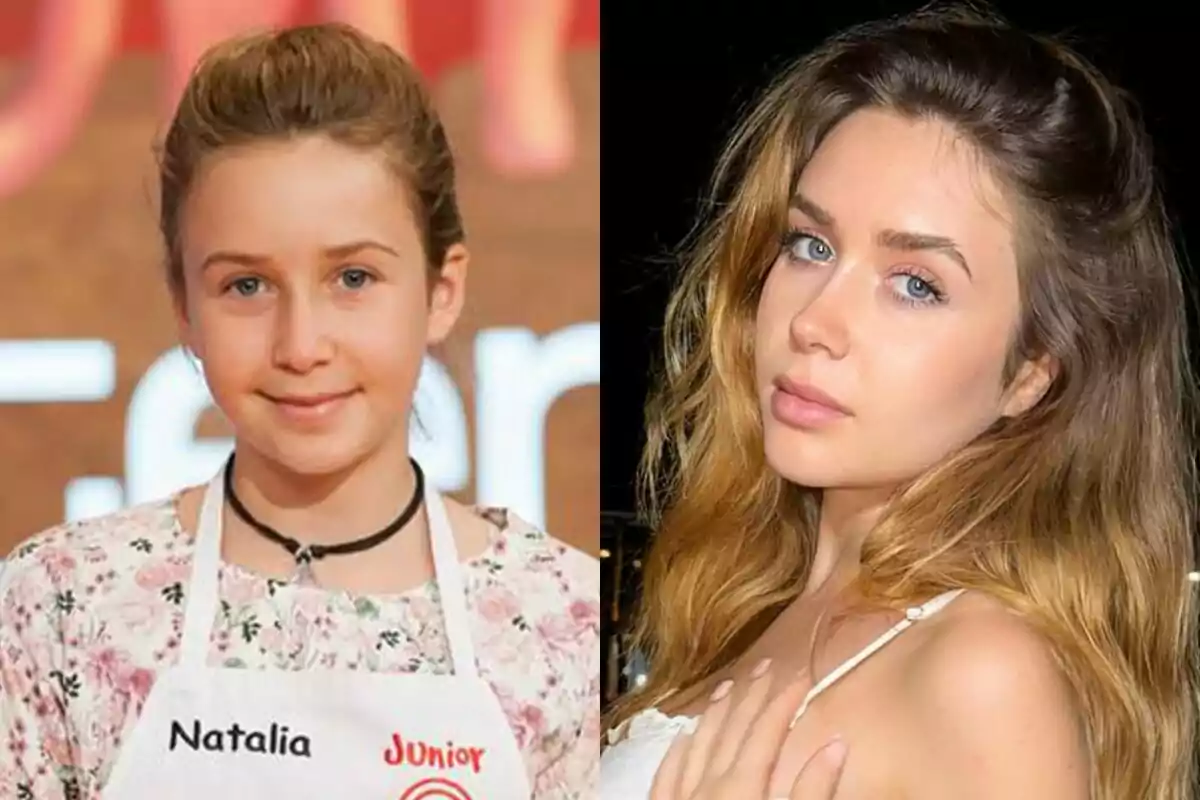 Dues imatges costat a costat mostren Natalia Jiménez de nena amb davantal de cuina de MasterChef Junior i ella mateixa de jove amb cabell solt i mirada directa. Dues imatges costat a costat mostren Natalia Jiménez de nena amb davantal de cuina de MasterChef Junior i ella mateixa de jove amb cabell solt i mirada directa.