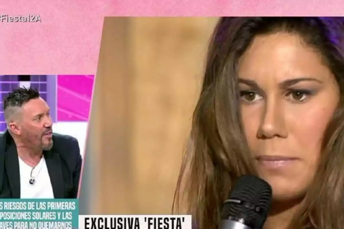 Tamara sostiene un micrófono mientras un hombre la observa en Fiesta con gráficos y texto en pantalla. Tamara sostiene un micrófono mientras un hombre la observa en Fiesta con gráficos y texto en pantalla.