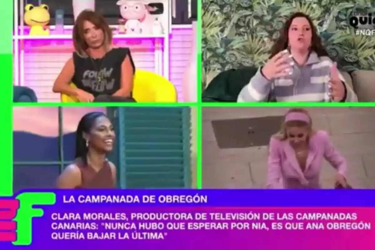 María Patiño, Clara Morales, productora de Campanadas 2022, Ana Obregón y Nia Correia aparecen en cuatro recuadros, con un texto en la parte inferior que menciona María Patiño, Clara Morales, productora de Campanadas 2022, Ana Obregón y Nia Correia aparecen en cuatro recuadros, con un texto en la parte inferior que menciona