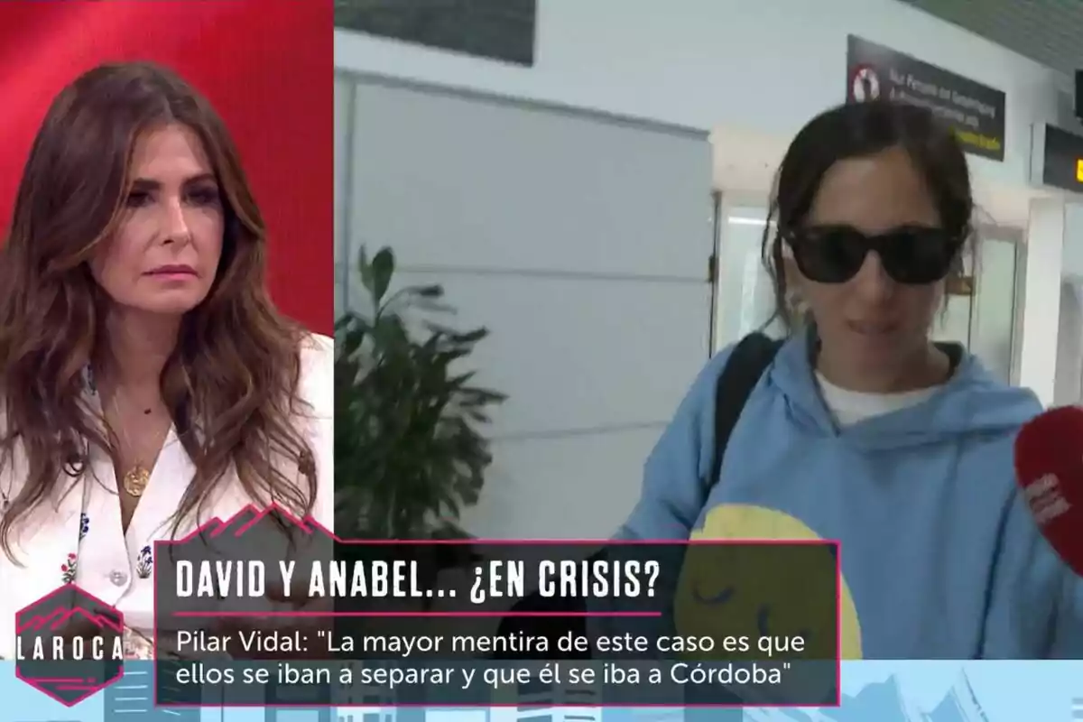 Nuria Roca a La Roca i Anabel Pantoja amb ulleres de sol en un aeroport, amb un text que menciona una possible crisi entre David i Anabel. Nuria Roca a La Roca i Anabel Pantoja amb ulleres de sol en un aeroport, amb un text que menciona una possible crisi entre David i Anabel.