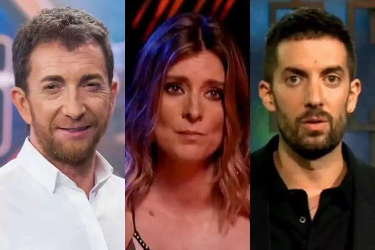 Tres personas posando para la cámara en un collage de imágenes con Pablo Motos en El Hormiguero a la izquierda, Sandra Barneda en La Isla de las Tentaciones en el centro y David Broncano en La Revuelta a la derecha.