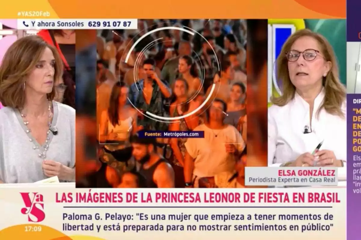 Un programa de televisió mostra imatges d'una multitud en una festa al Brasil mentre Paloma García-Pelayo i Elsa González discuteixen sobre el tema a l'estudi a 'Y ahora Sonsoles'.
