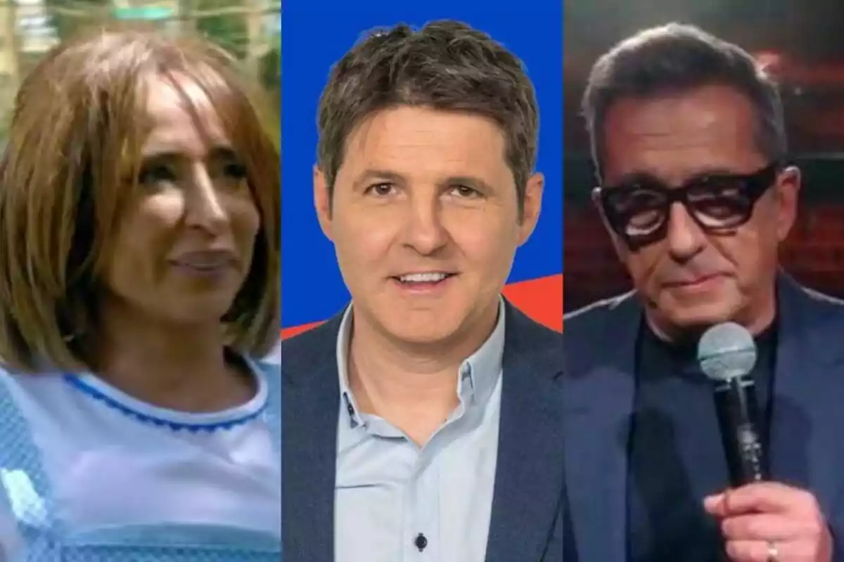 Tres personas posando en diferentes contextos, María Patiño por La Familia de la Tele a la izquierda, Jesús Cintora por Malas Lenguas en el centro con fondo azul y rojo, y Andreu Buenfuente en Futuro Imperfecto a la derecha sosteniendo un micrófono.
