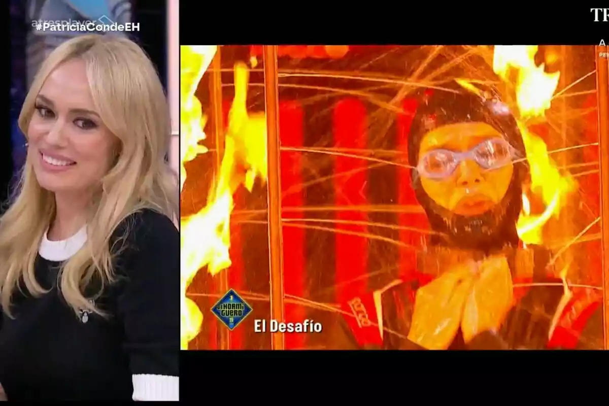 Patricia Conde rossa somriu a 'El Hormiguero' mentre en una altra pantalla apareix ella amb ulleres de natació i casquet envoltada de foc realitzant un desafiament. Patricia Conde rossa somriu a 'El Hormiguero' mentre en una altra pantalla apareix ella amb ulleres de natació i casquet envoltada de foc realitzant un desafiament.