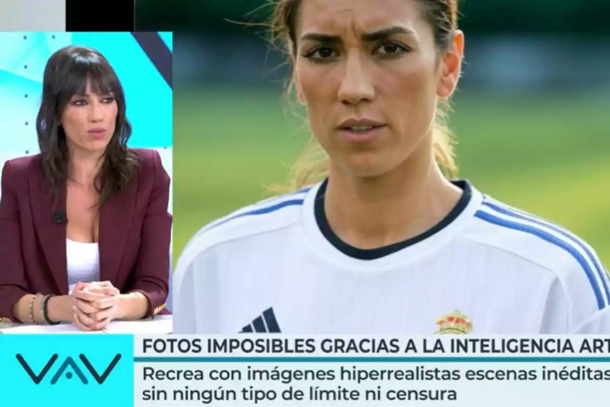 Patricia Pardo en Vamos a ver junto a una imagen de ella misma como jugadora de fútbol con un texto sobre inteligencia artificial. Patricia Pardo en Vamos a ver junto a una imagen de ella misma como jugadora de fútbol con un texto sobre inteligencia artificial.