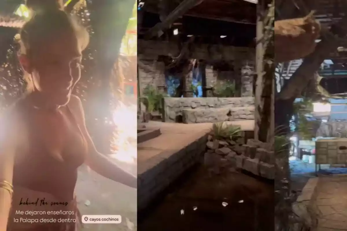 Patry Montero somrient mostrant l’interior d’una palapa amb parets de pedra i vegetació a ‘Supervivientes’.