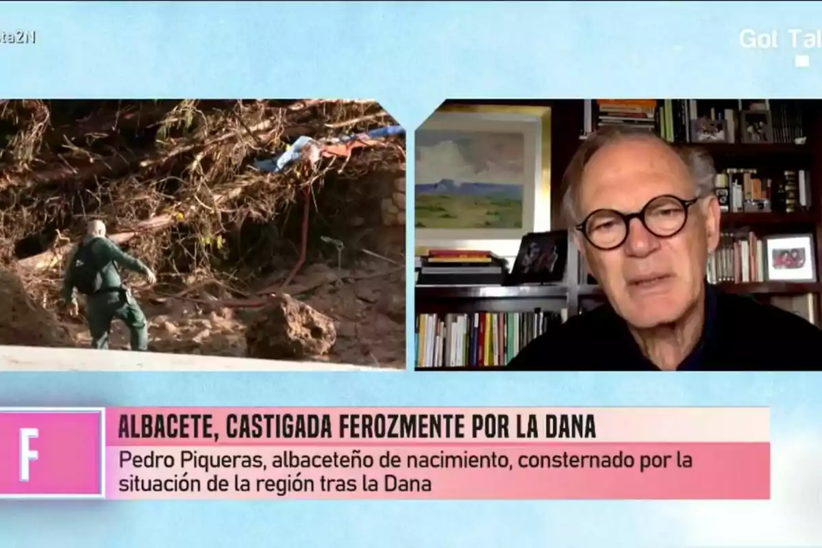Pantalla dividida mostrant un home en un entorn natural afectat per un desastre i Pedro Piqueras a Fiesta parlant des d'una biblioteca amb un text que esmenta la situació a Albacete després de la DANA. Pantalla dividida mostrant un home en un entorn natural afectat per un desastre i Pedro Piqueras a Fiesta parlant des d'una biblioteca amb un text que esmenta la situació a Albacete després de la DANA.
